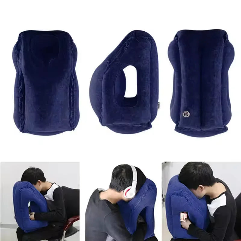 Portable inflatable travel pillow, headrest sleeping bag cushion, chin neck support, for outdoor airplane train office and home