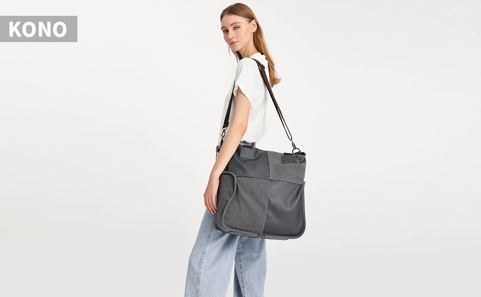 Kono Large Handbags for Women, Canvas Tote Bag, Patchwork Hobo Shoulder Bag, Plaid Crossbody for Travel, Work, School