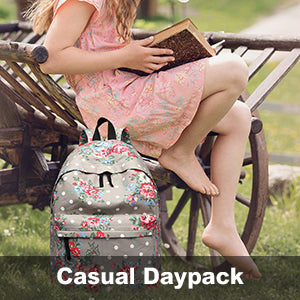 Kono Women's Floral Canvas Backpack - Stylish School Rucksack with Front Pocket, Polka Dot Print Bookbag for Teens