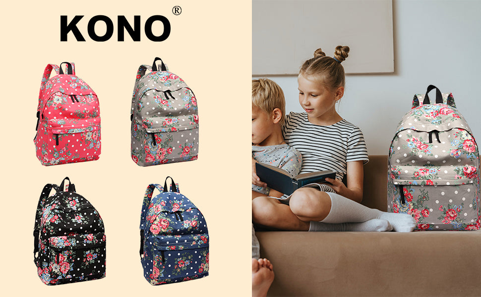 Kono Women's Floral Canvas Backpack - Stylish School Rucksack with Front Pocket, Polka Dot Print Bookbag for Teens