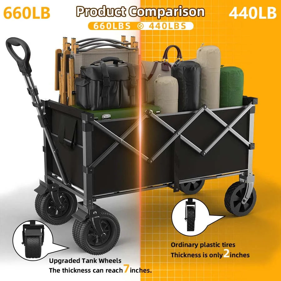 660LB Collapsible Wagon, Large Capacity All-Terrain Wheels, Portable for Shopping Camping Sports Picnic Gardening Pet & Festival