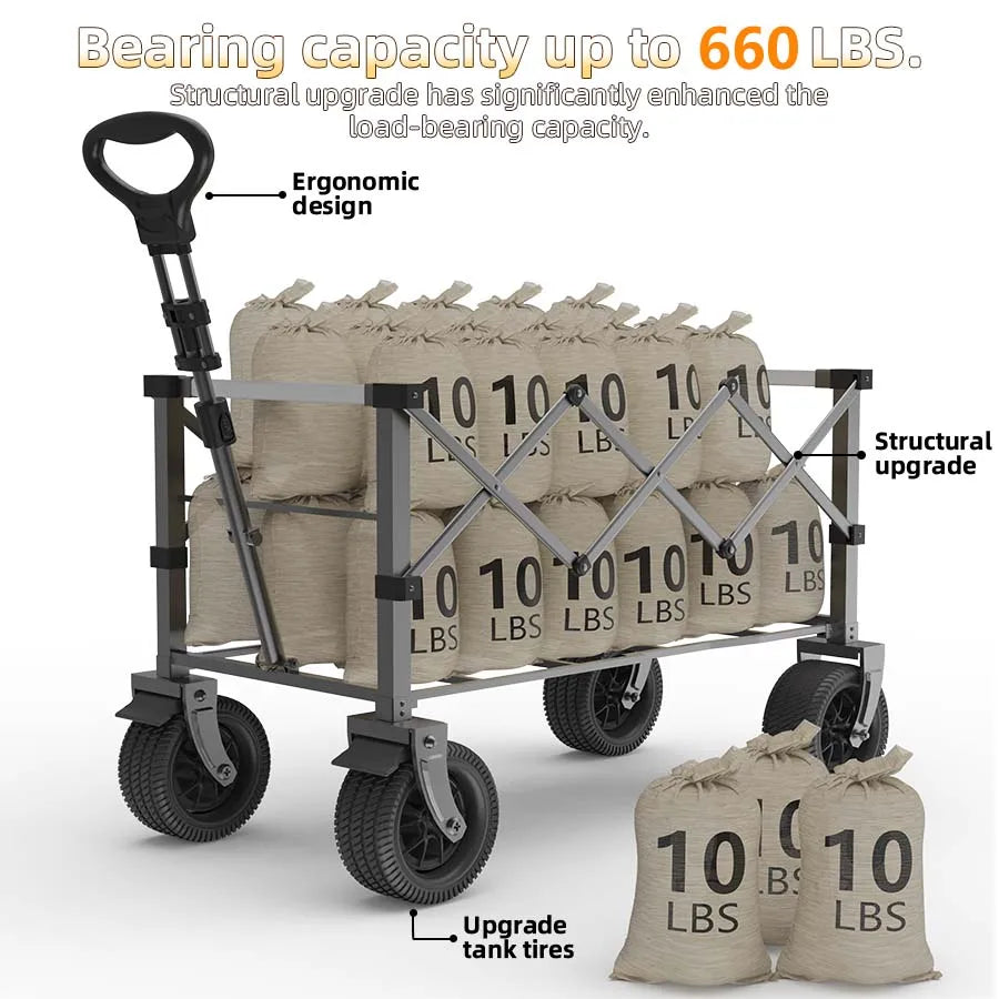 660LB Collapsible Wagon, Large Capacity All-Terrain Wheels, Portable for Shopping Camping Sports Picnic Gardening Pet & Festival