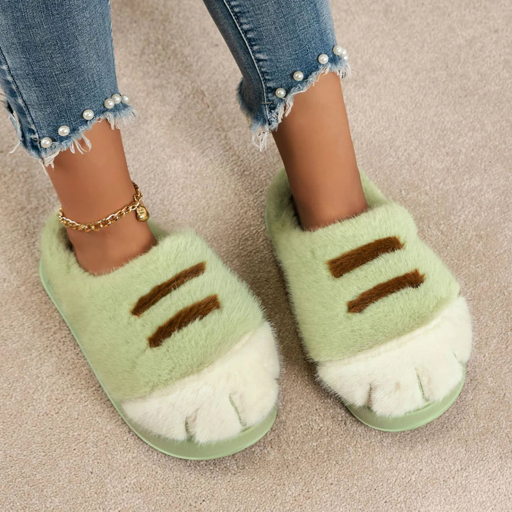 3D Cat Paw Slippers Women's Home Shoes Non Slip Furry Mules Female Fashion Warm Fluffy Slides Outdoor Cat Slippers for Autumn Wi