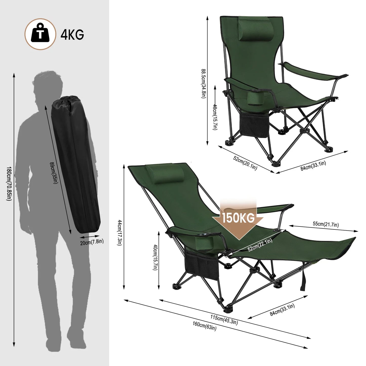 WOLTU Foldable Camping Fishing Chair Lightweight Deckchair Lounge Chair with Removable Headrest Retractable Footrest for Outdoor