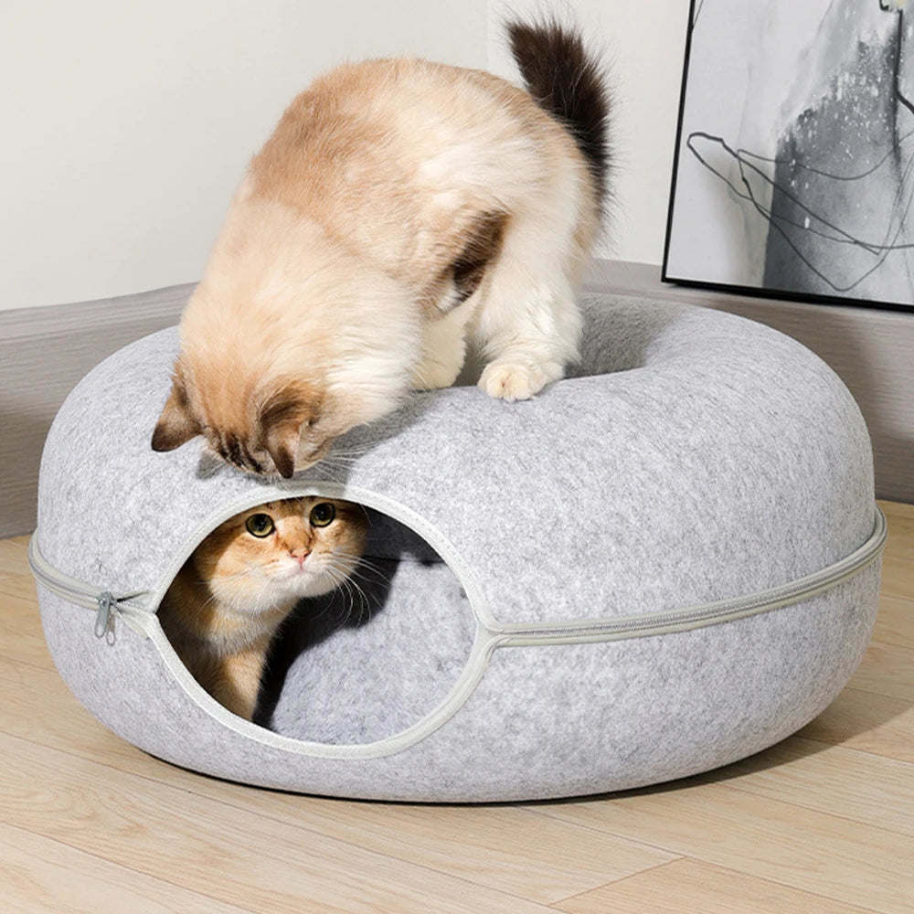 Tieker Donut Felt Cat Bed Round Tunnel Cat Interactive Bed, Small Pet Cave Bed, Indoor Pet Toy Training