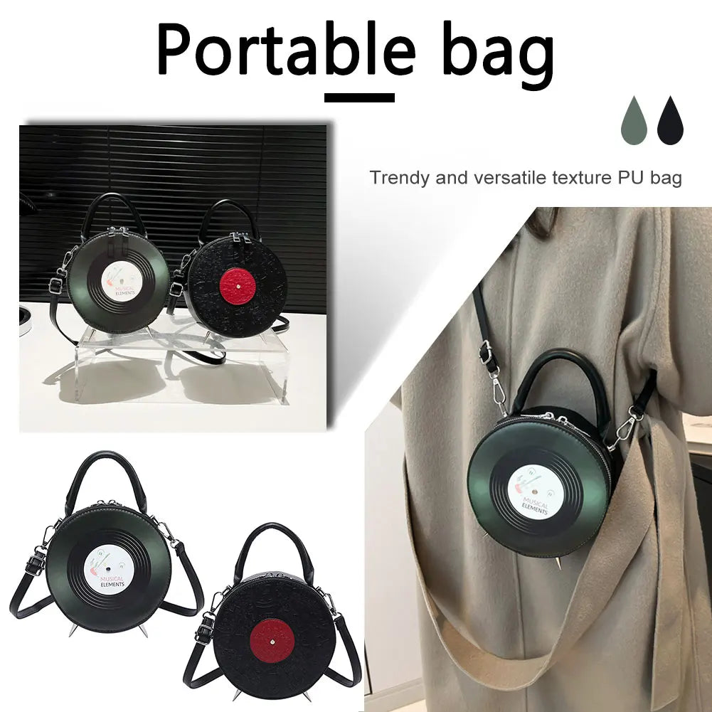 Women PU Record Shape Trendy Carrying Bag Adjustable Strap Creative Round Handbag Novelty Satchel Purse Outdoor Travel Bag