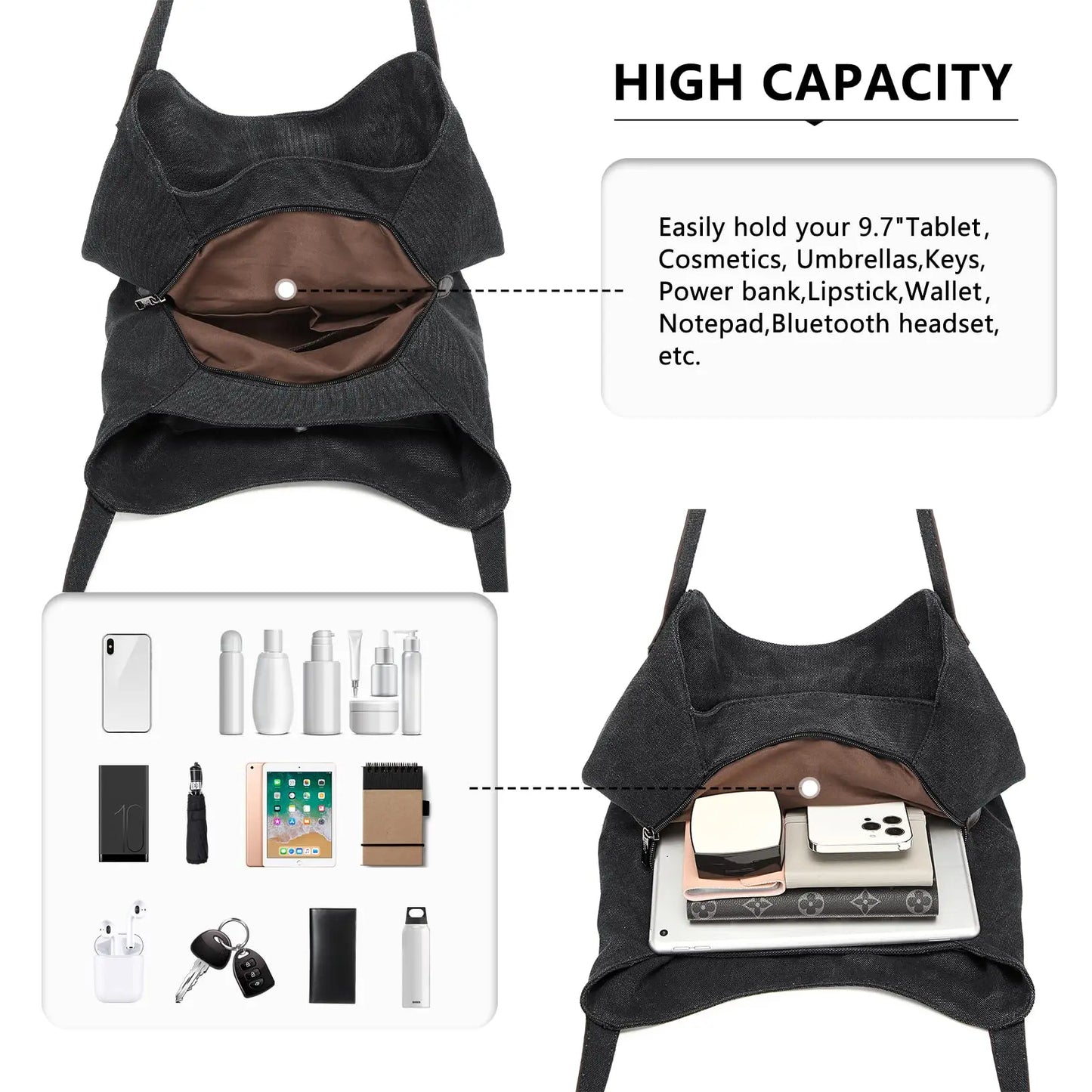 Kono Women's Vintage Canvas Hobo Bag - Multi-Pocket Tote with Top Handle for Work, School & Travel