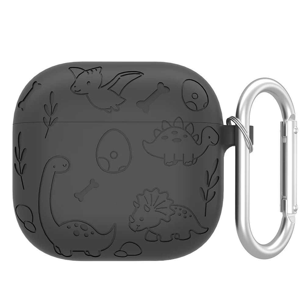 Silicone Case Protector with Carabiner Engraved Flower Dinosaur Case Soft Silicone Skin Protective Case for AirPods 4 Gen (2024)