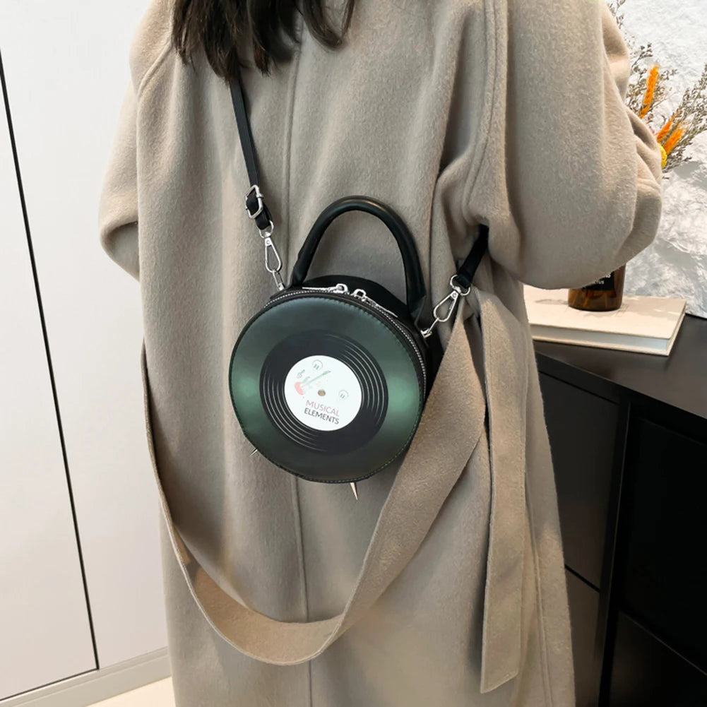 Women PU Record Shape Trendy Carrying Bag Adjustable Strap Creative Round Handbag Novelty Satchel Purse Outdoor Travel Bag