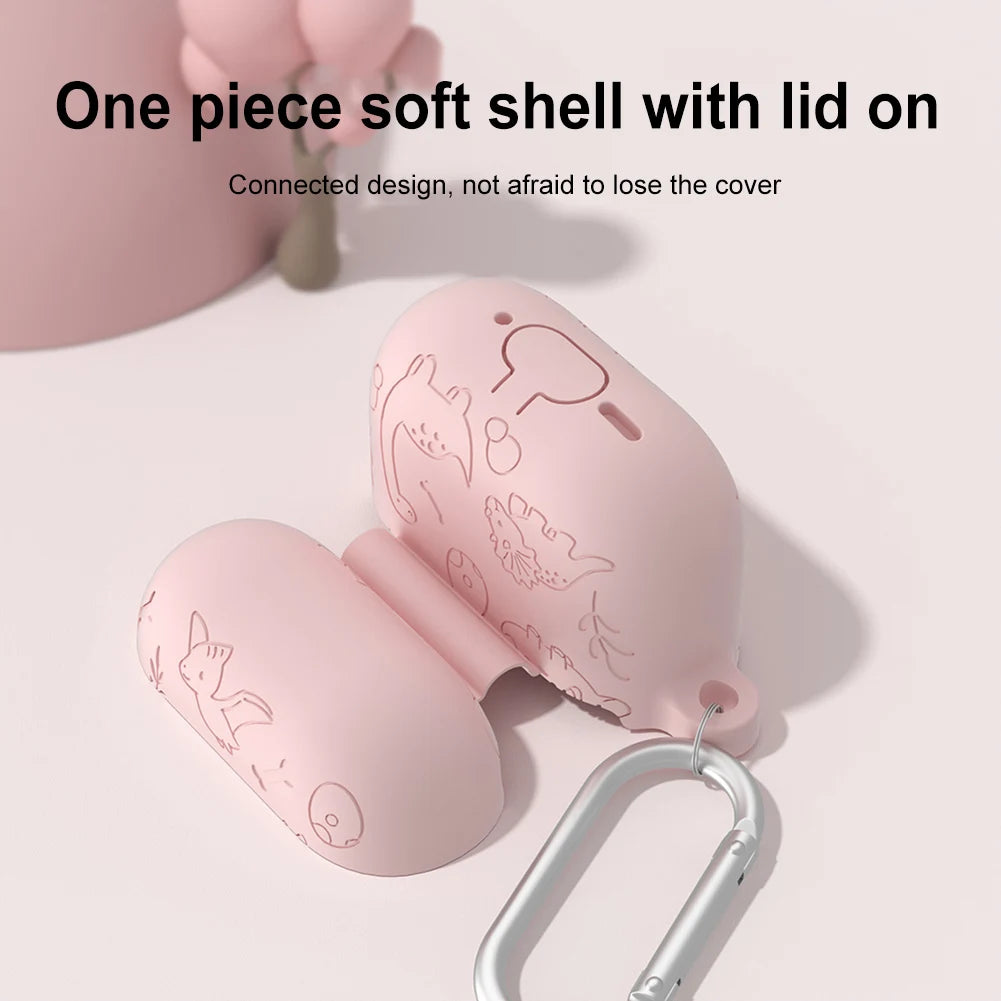 Silicone Case Protector with Carabiner Engraved Flower Dinosaur Case Soft Silicone Skin Protective Case for AirPods 4 Gen (2024)