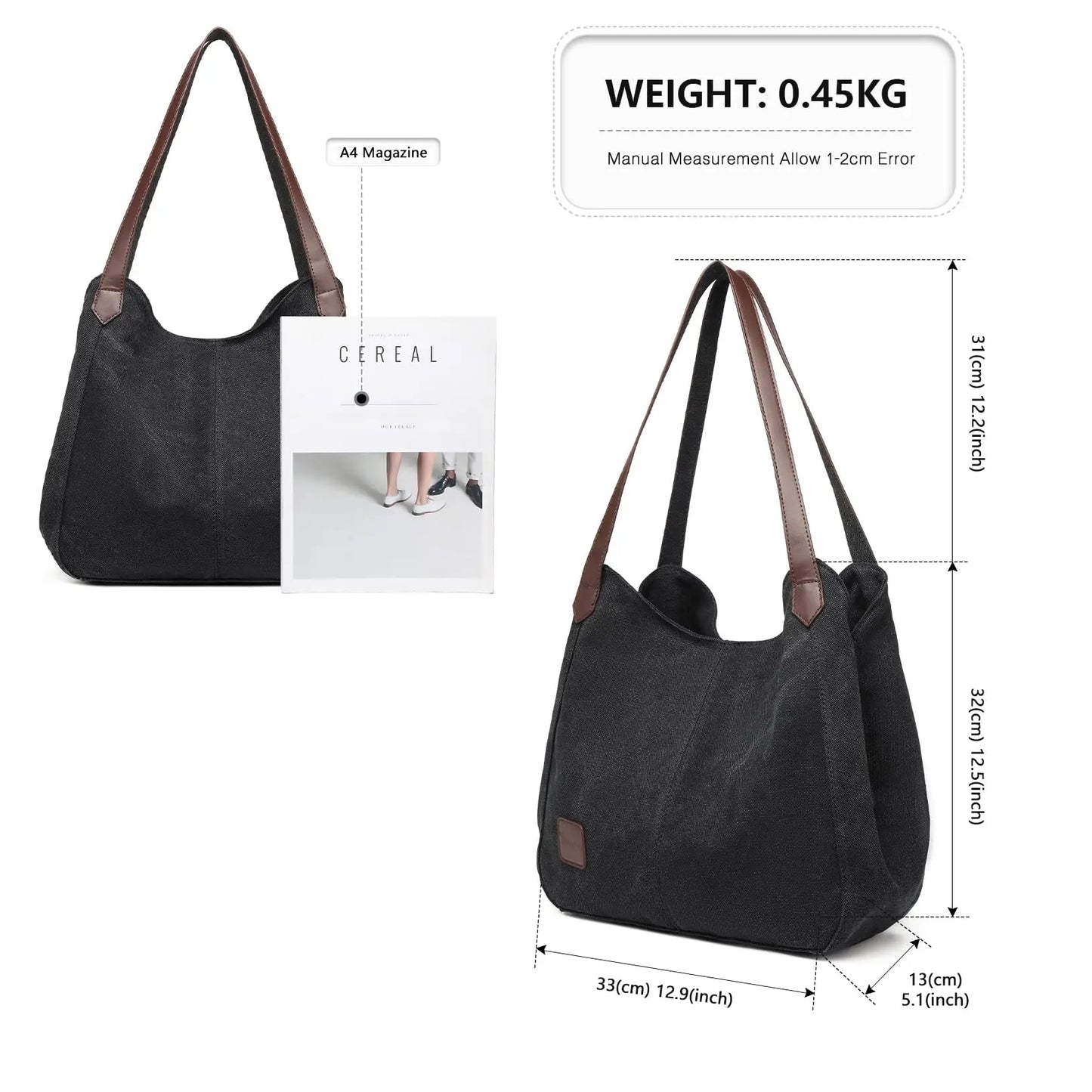 Kono Women's Vintage Canvas Hobo Bag - Multi-Pocket Tote with Top Handle for Work, School & Travel