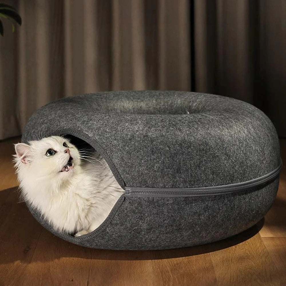 Tieker Donut Felt Cat Bed Round Tunnel Cat Interactive Bed, Small Pet Cave Bed, Indoor Pet Toy Training