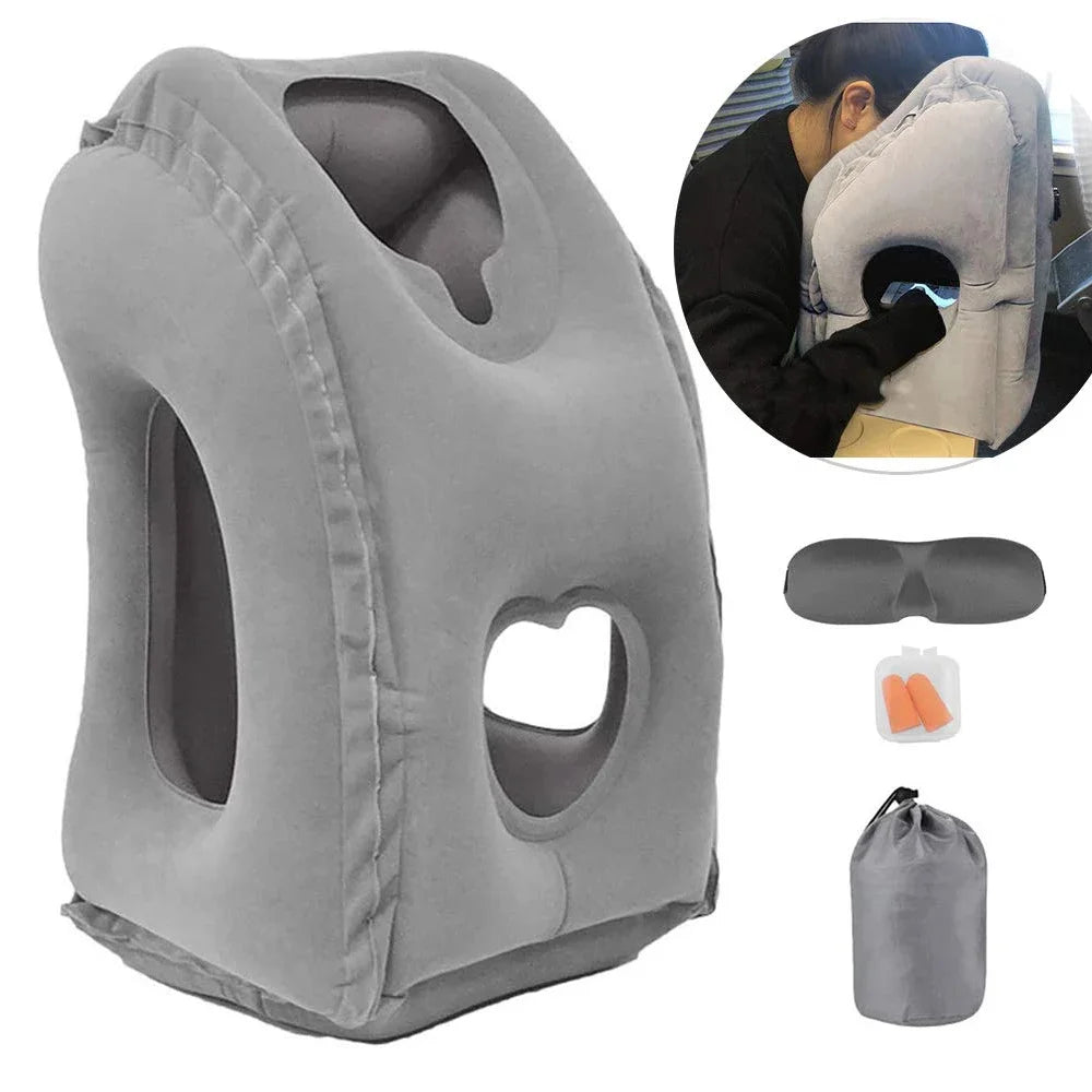 Portable inflatable travel pillow, headrest sleeping bag cushion, chin neck support, for outdoor airplane train office and home