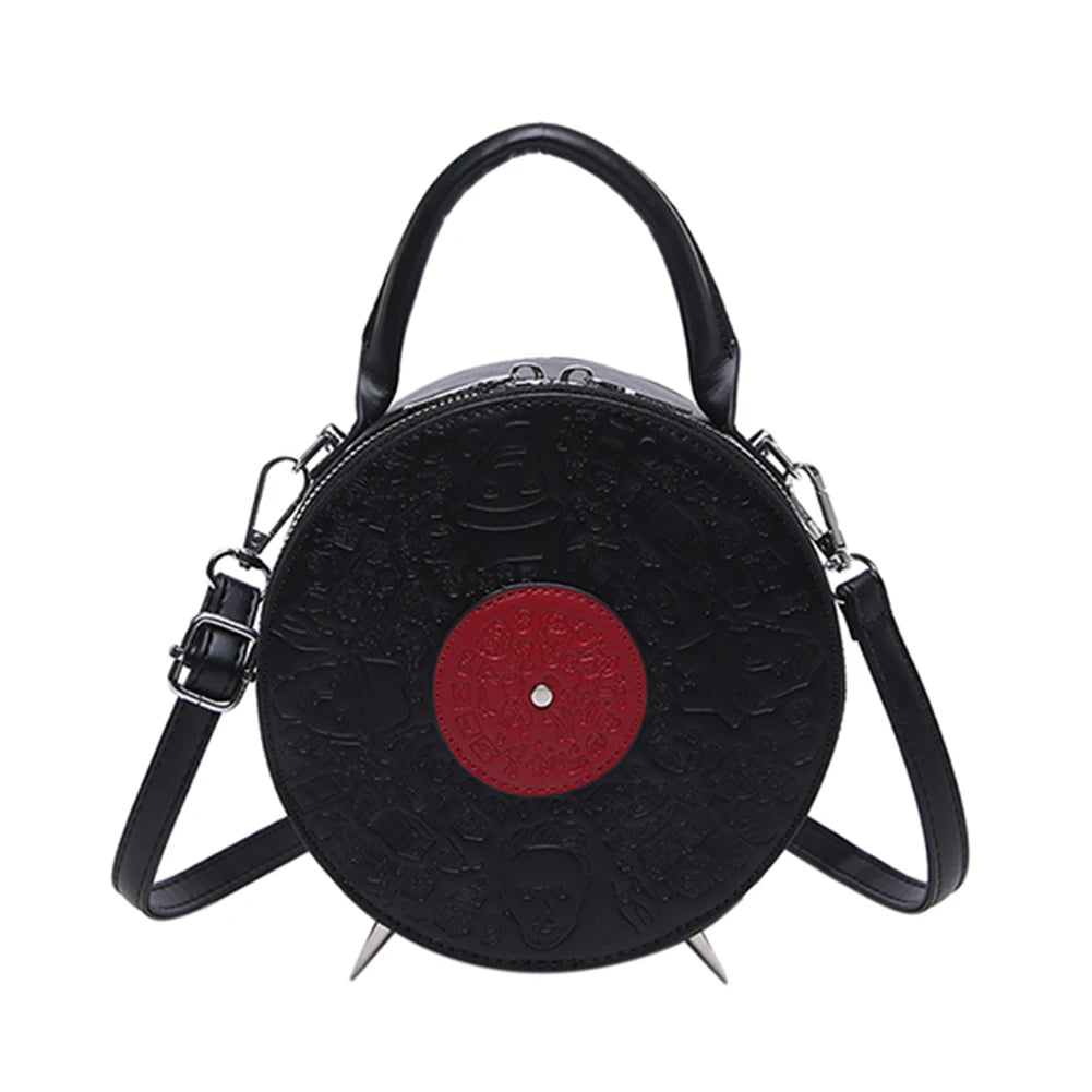 Women PU Record Shape Trendy Carrying Bag Adjustable Strap Creative Round Handbag Novelty Satchel Purse Outdoor Travel Bag