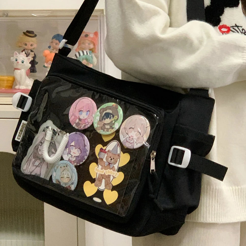 Women Ita Bag Japanese Style Shoulder Purse with Clear Window Cartoon Book Bag Multi-pockets Adjustable Strap Trendy Outdoor Bag