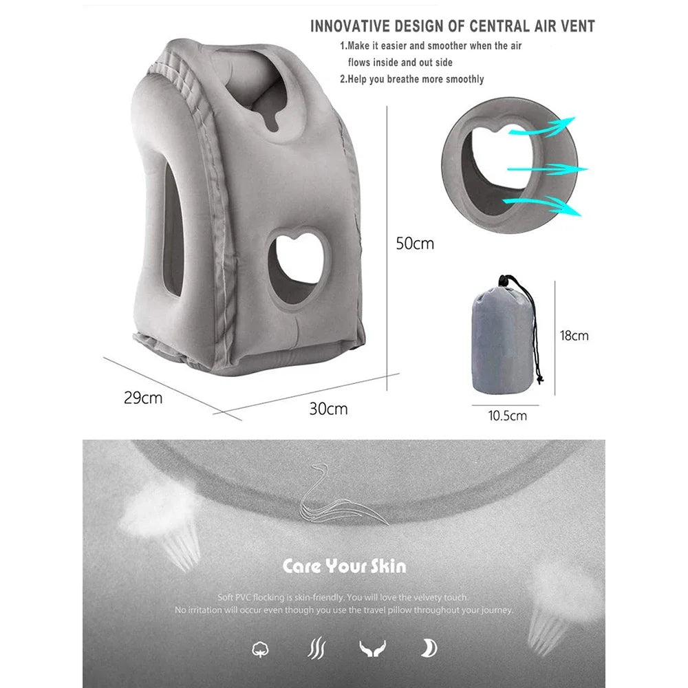 Portable inflatable travel pillow, headrest sleeping bag cushion, chin neck support, for outdoor airplane train office and home