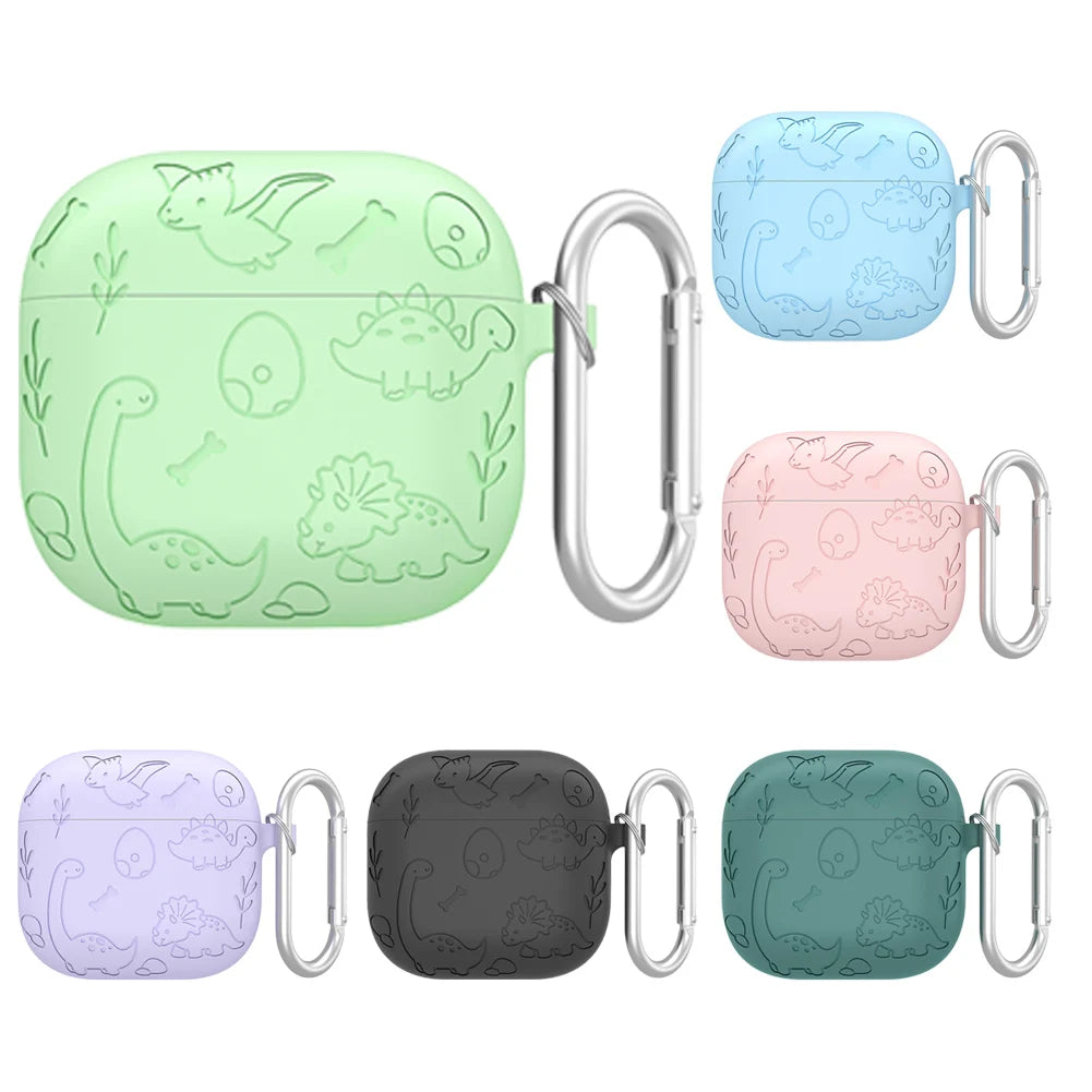 Silicone Case Protector with Carabiner Engraved Flower Dinosaur Case Soft Silicone Skin Protective Case for AirPods 4 Gen (2024)