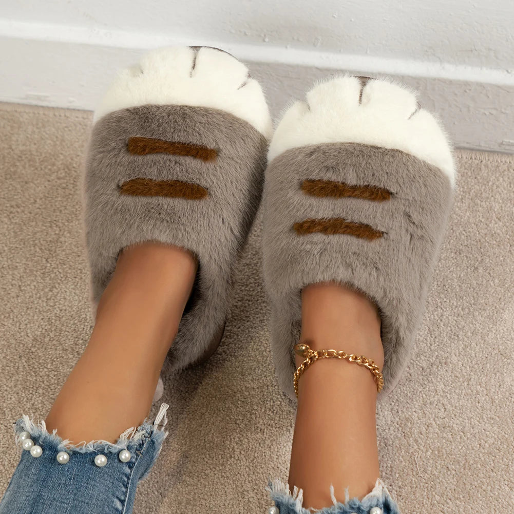 3D Cat Paw Slippers Women's Home Shoes Non Slip Furry Mules Female Fashion Warm Fluffy Slides Outdoor Cat Slippers for Autumn Wi
