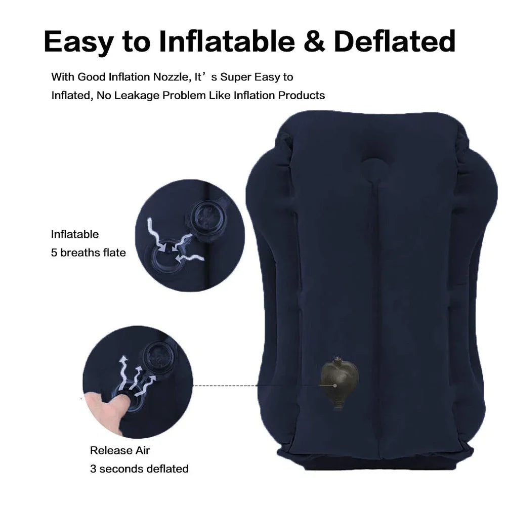 Portable inflatable travel pillow, headrest sleeping bag cushion, chin neck support, for outdoor airplane train office and home