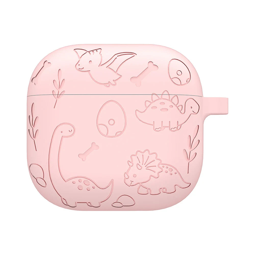 Silicone Case Protector with Carabiner Engraved Flower Dinosaur Case Soft Silicone Skin Protective Case for AirPods 4 Gen (2024)