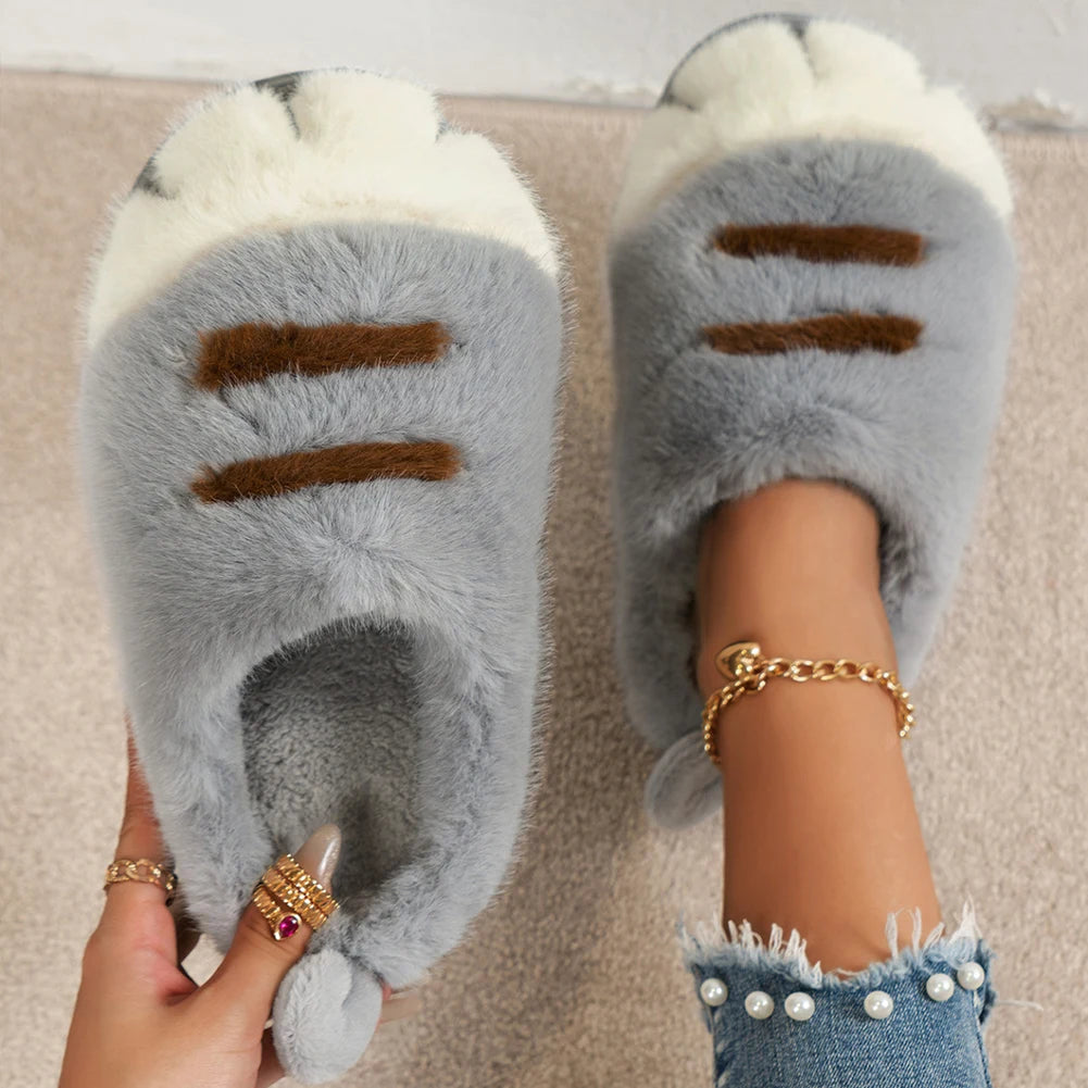 3D Cat Paw Slippers Women's Home Shoes Non Slip Furry Mules Female Fashion Warm Fluffy Slides Outdoor Cat Slippers for Autumn Wi