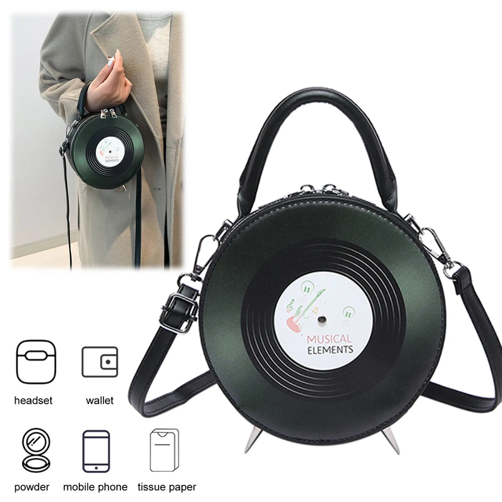 Women PU Record Shape Trendy Carrying Bag Adjustable Strap Creative Round Handbag Novelty Satchel Purse Outdoor Travel Bag