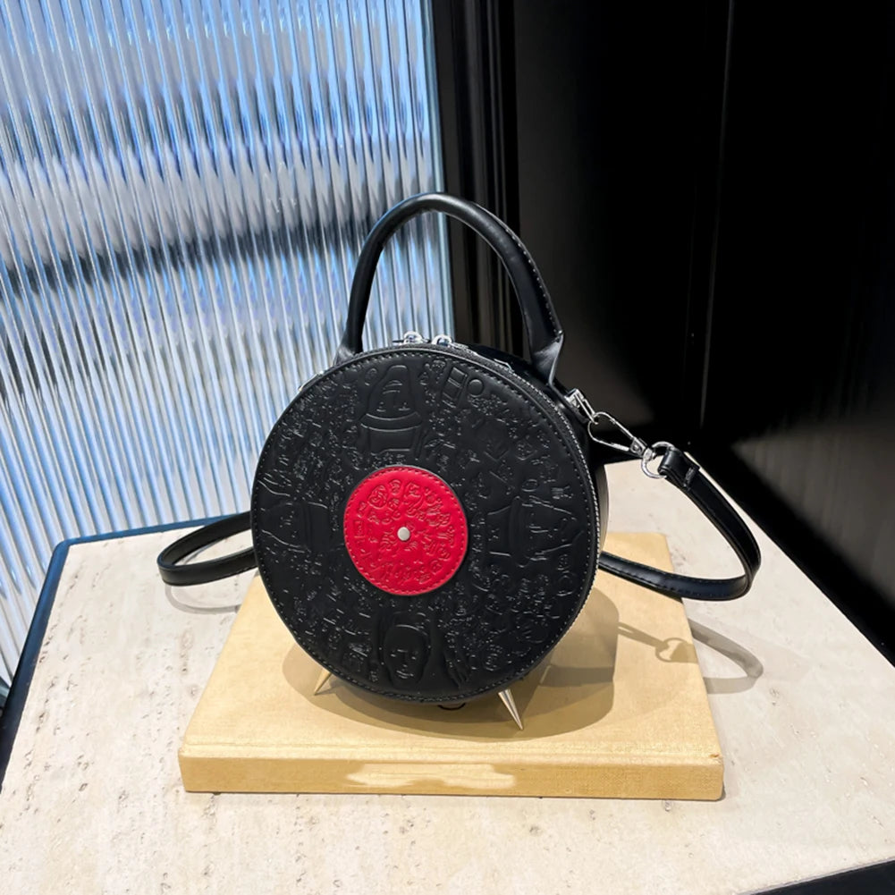 Women PU Record Shape Trendy Carrying Bag Adjustable Strap Creative Round Handbag Novelty Satchel Purse Outdoor Travel Bag