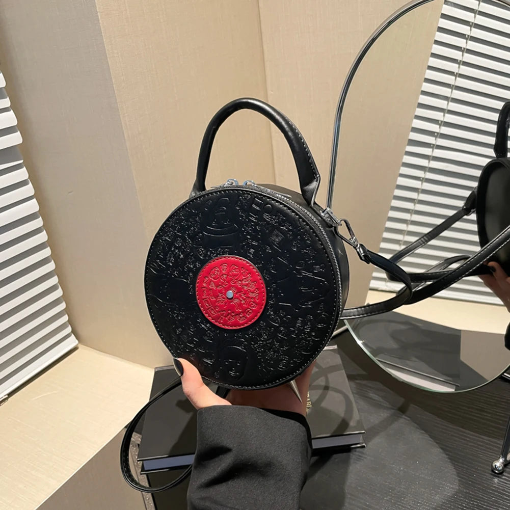 Women PU Record Shape Trendy Carrying Bag Adjustable Strap Creative Round Handbag Novelty Satchel Purse Outdoor Travel Bag