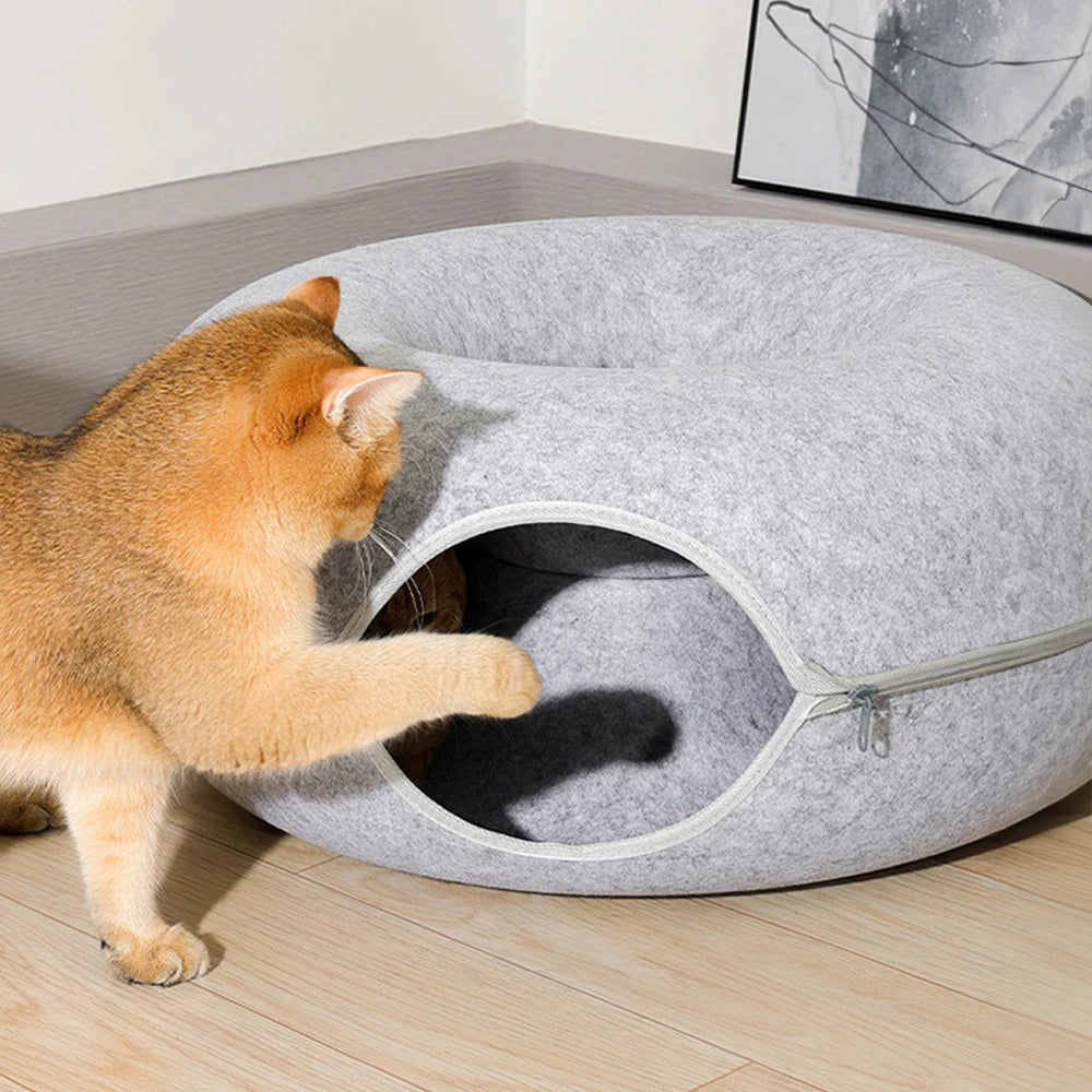 Tieker Donut Felt Cat Bed Round Tunnel Cat Interactive Bed, Small Pet Cave Bed, Indoor Pet Toy Training