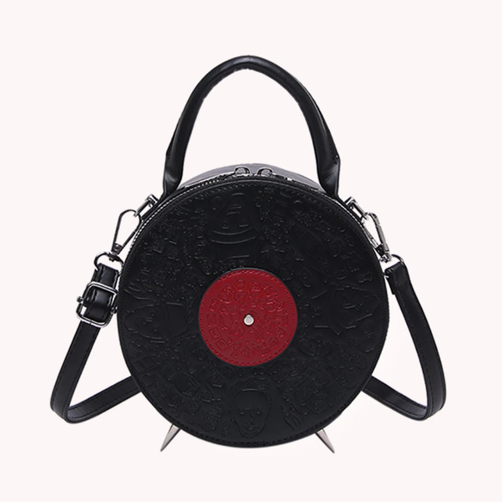 Women PU Record Shape Trendy Carrying Bag Adjustable Strap Creative Round Handbag Novelty Satchel Purse Outdoor Travel Bag