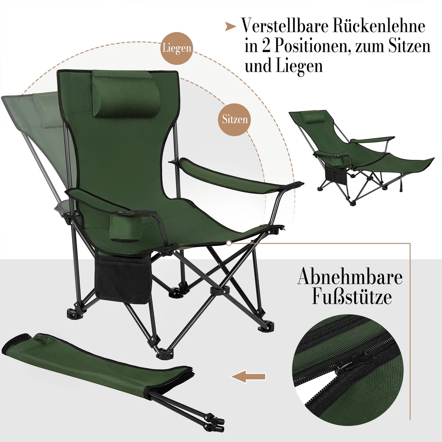 WOLTU Foldable Camping Fishing Chair Lightweight Deckchair Lounge Chair with Removable Headrest Retractable Footrest for Outdoor