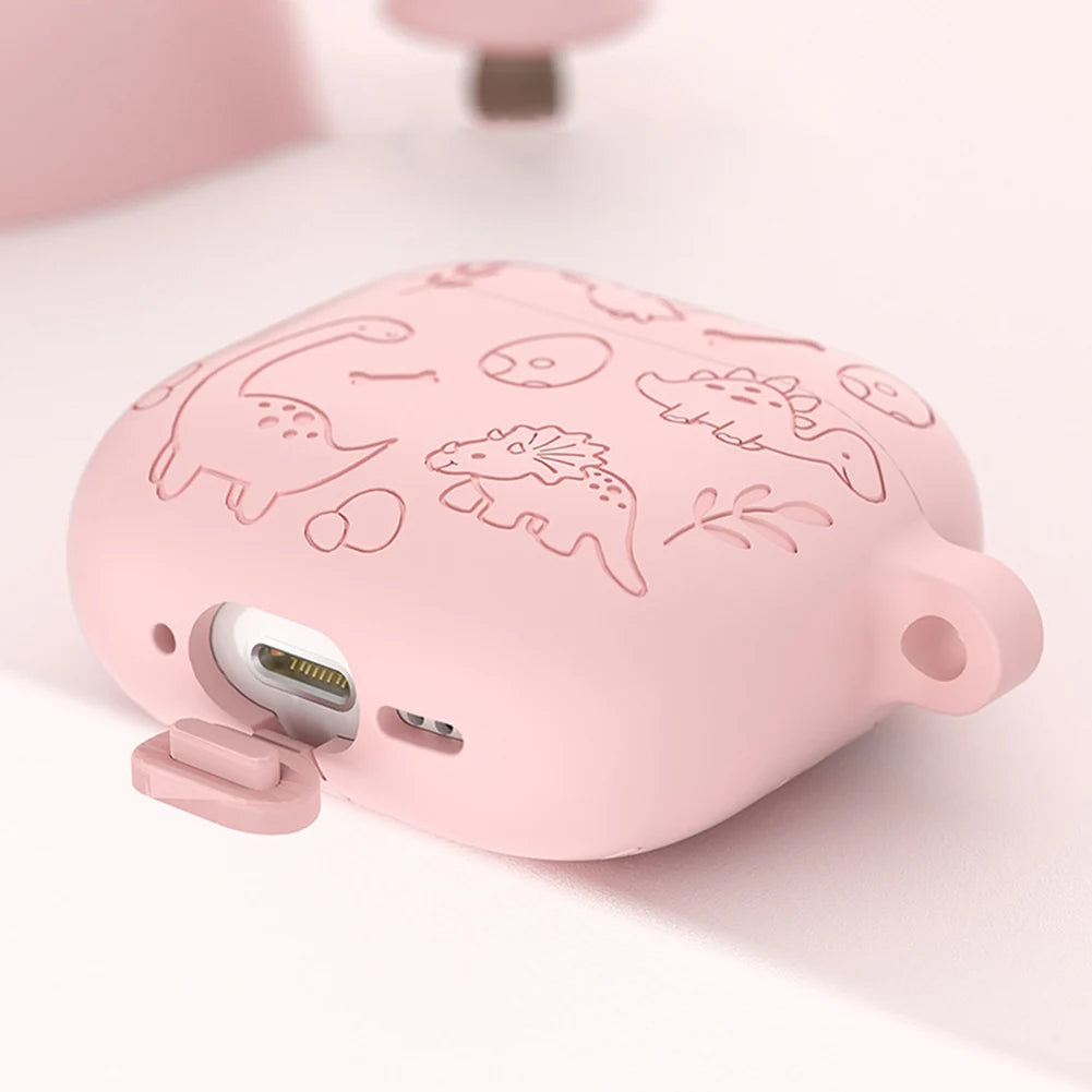 Silicone Case Protector with Carabiner Engraved Flower Dinosaur Case Soft Silicone Skin Protective Case for AirPods 4 Gen (2024)