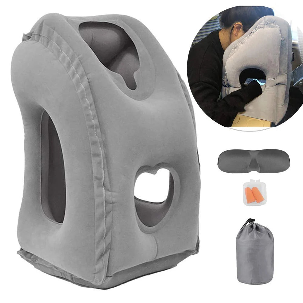 Portable inflatable travel pillow, headrest sleeping bag cushion, chin neck support, for outdoor airplane train office and home