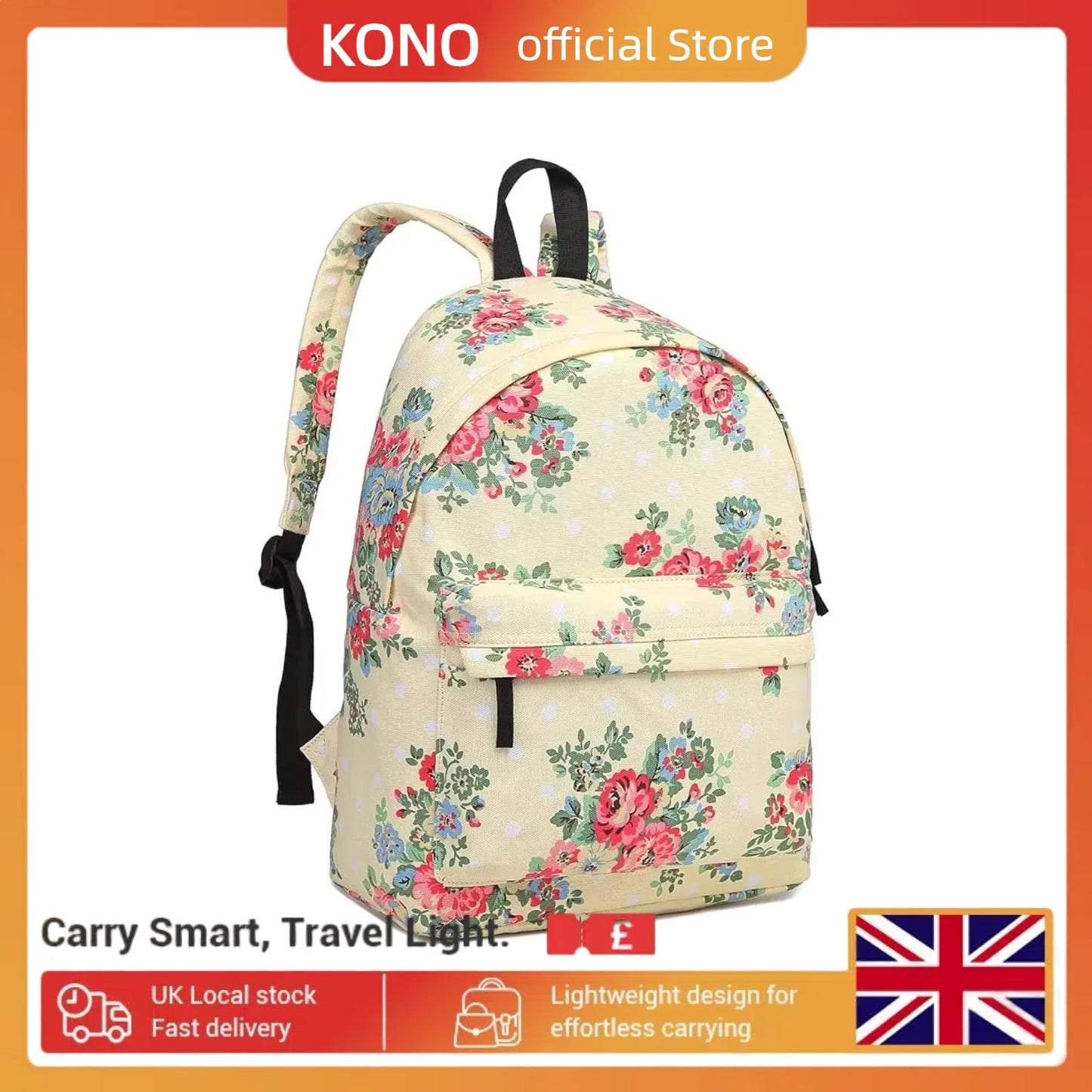 Kono Women's Floral Canvas Backpack - Stylish School Rucksack with Front Pocket, Polka Dot Print Bookbag for Teens