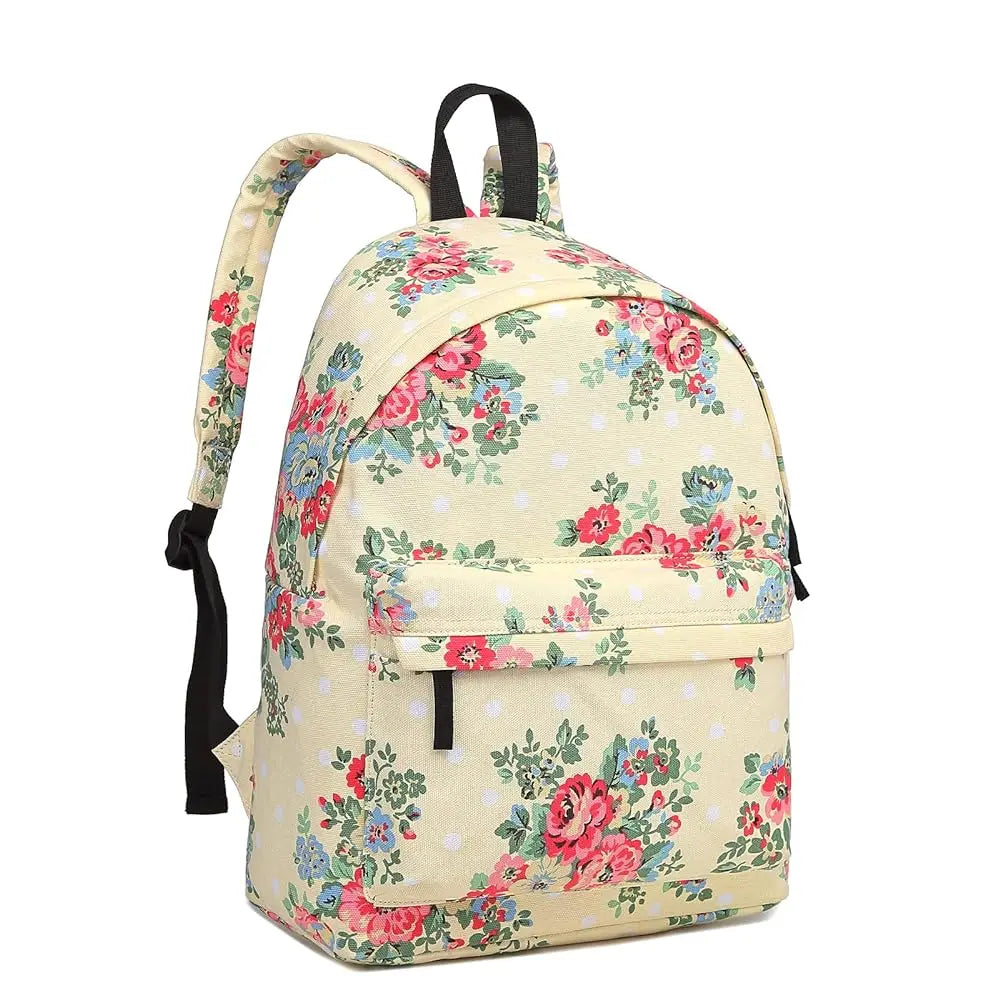 Kono Women's Floral Canvas Backpack - Stylish School Rucksack with Front Pocket, Polka Dot Print Bookbag for Teens