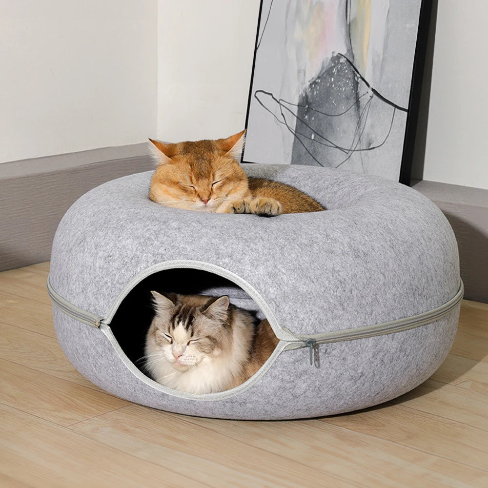 Tieker Donut Felt Cat Bed Round Tunnel Cat Interactive Bed, Small Pet Cave Bed, Indoor Pet Toy Training