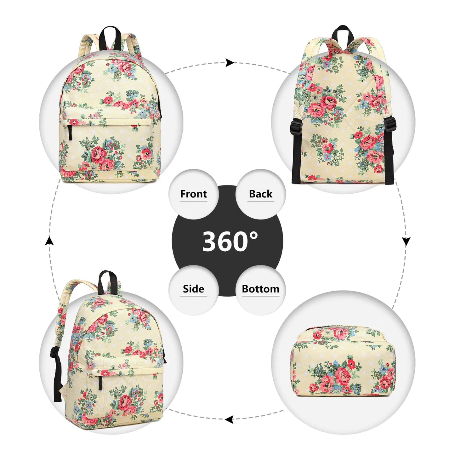 Kono Women's Floral Canvas Backpack - Stylish School Rucksack with Front Pocket, Polka Dot Print Bookbag for Teens