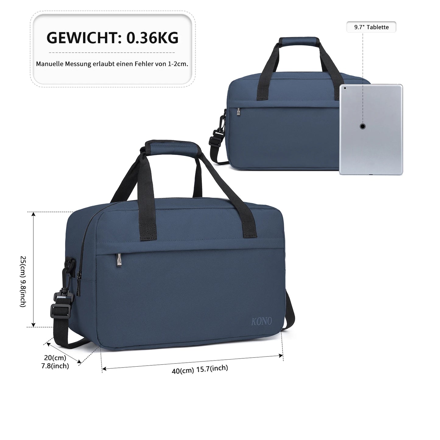 Kono Holdall Cabin Luggage Carry-on Bag Under Seat Flight Bag with Shoulder Strap