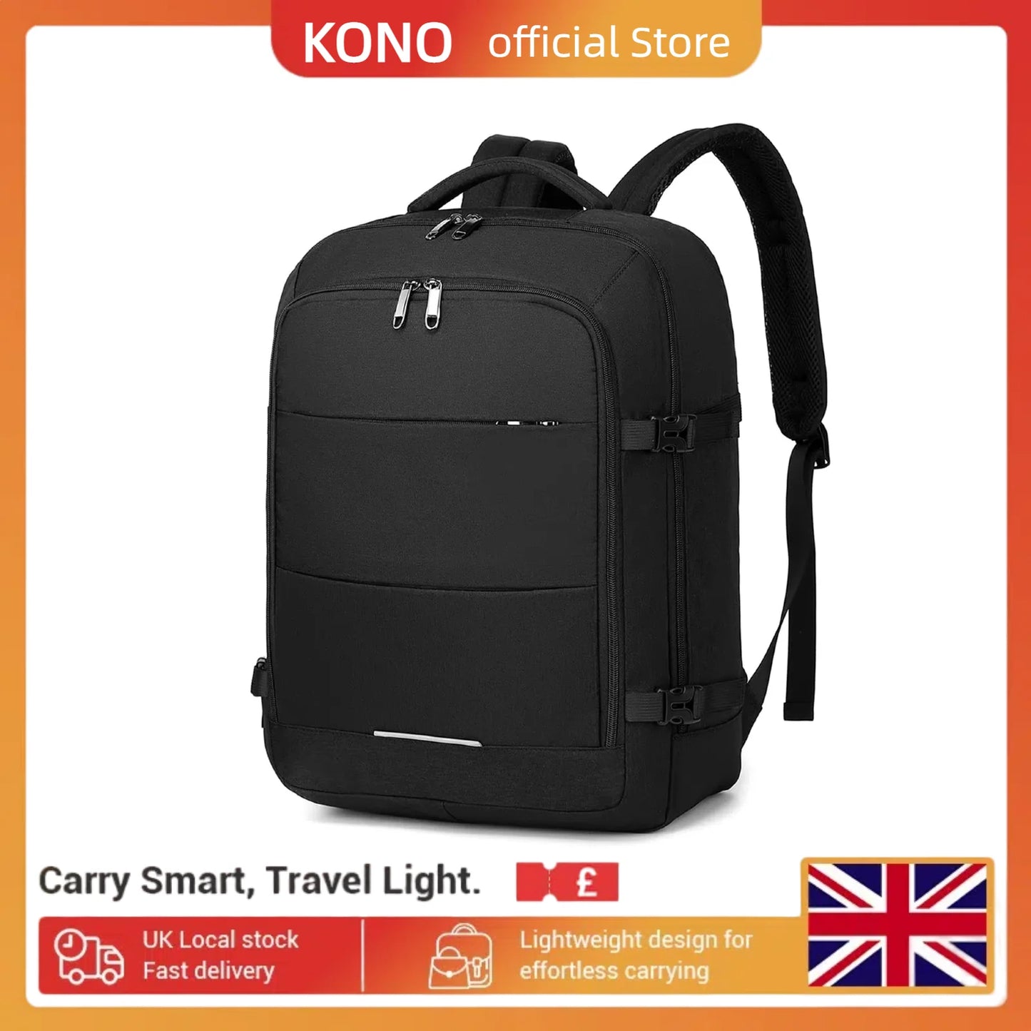 Kono Cabin Travel Backpack - 45x36x20cm 30L Weekender Bag, Fits EasyJet Luggage & Laptop Carry-On