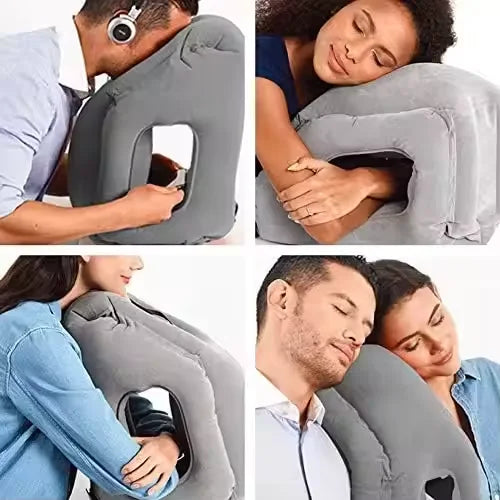 Portable inflatable travel pillow, headrest sleeping bag cushion, chin neck support, for outdoor airplane train office and home