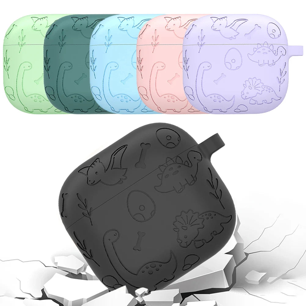 Silicone Case Protector with Carabiner Engraved Flower Dinosaur Case Soft Silicone Skin Protective Case for AirPods 4 Gen (2024)