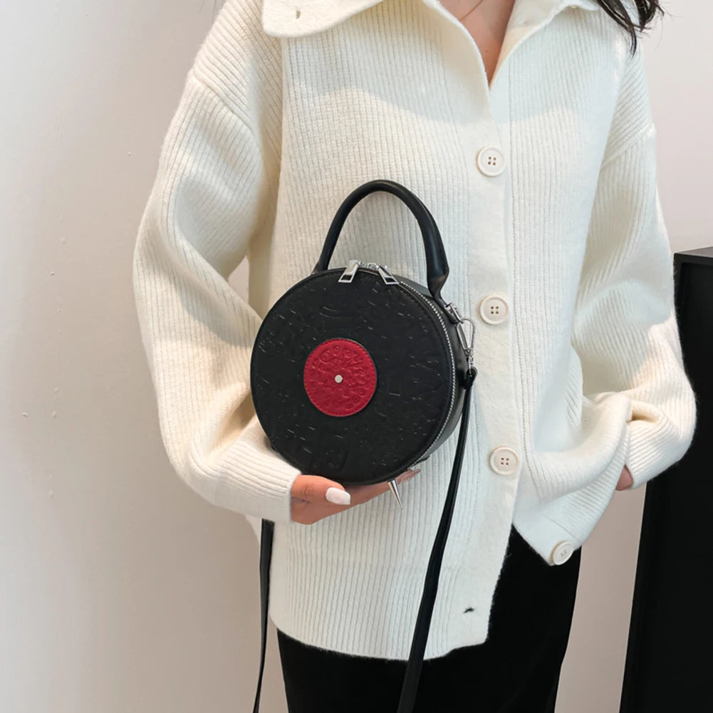Women PU Record Shape Trendy Carrying Bag Adjustable Strap Creative Round Handbag Novelty Satchel Purse Outdoor Travel Bag