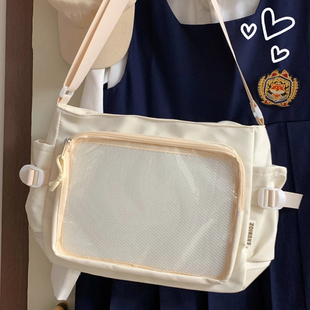 Women Ita Bag Japanese Style Shoulder Purse with Clear Window Cartoon Book Bag Multi-pockets Adjustable Strap Trendy Outdoor Bag
