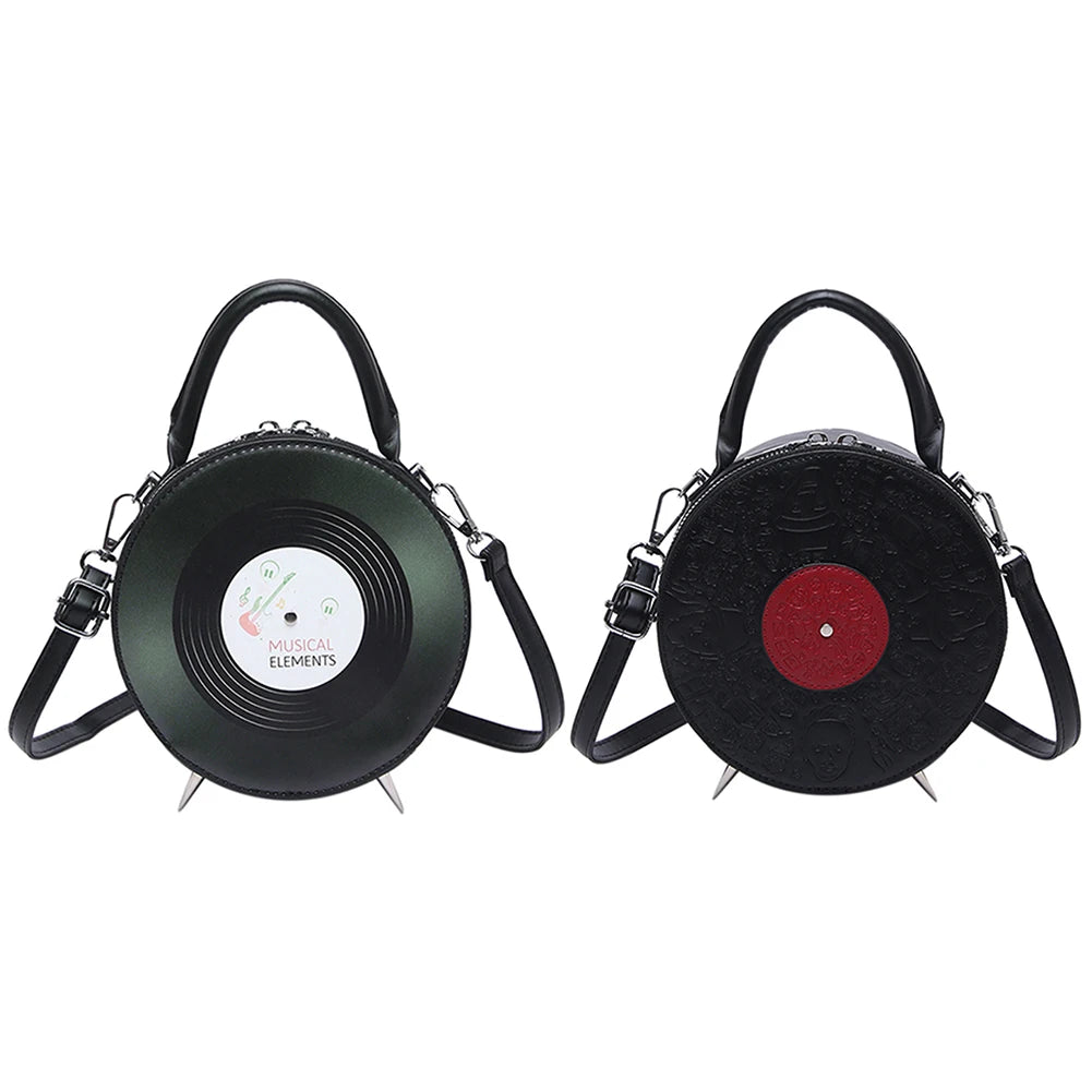 Women PU Record Shape Trendy Carrying Bag Adjustable Strap Creative Round Handbag Novelty Satchel Purse Outdoor Travel Bag