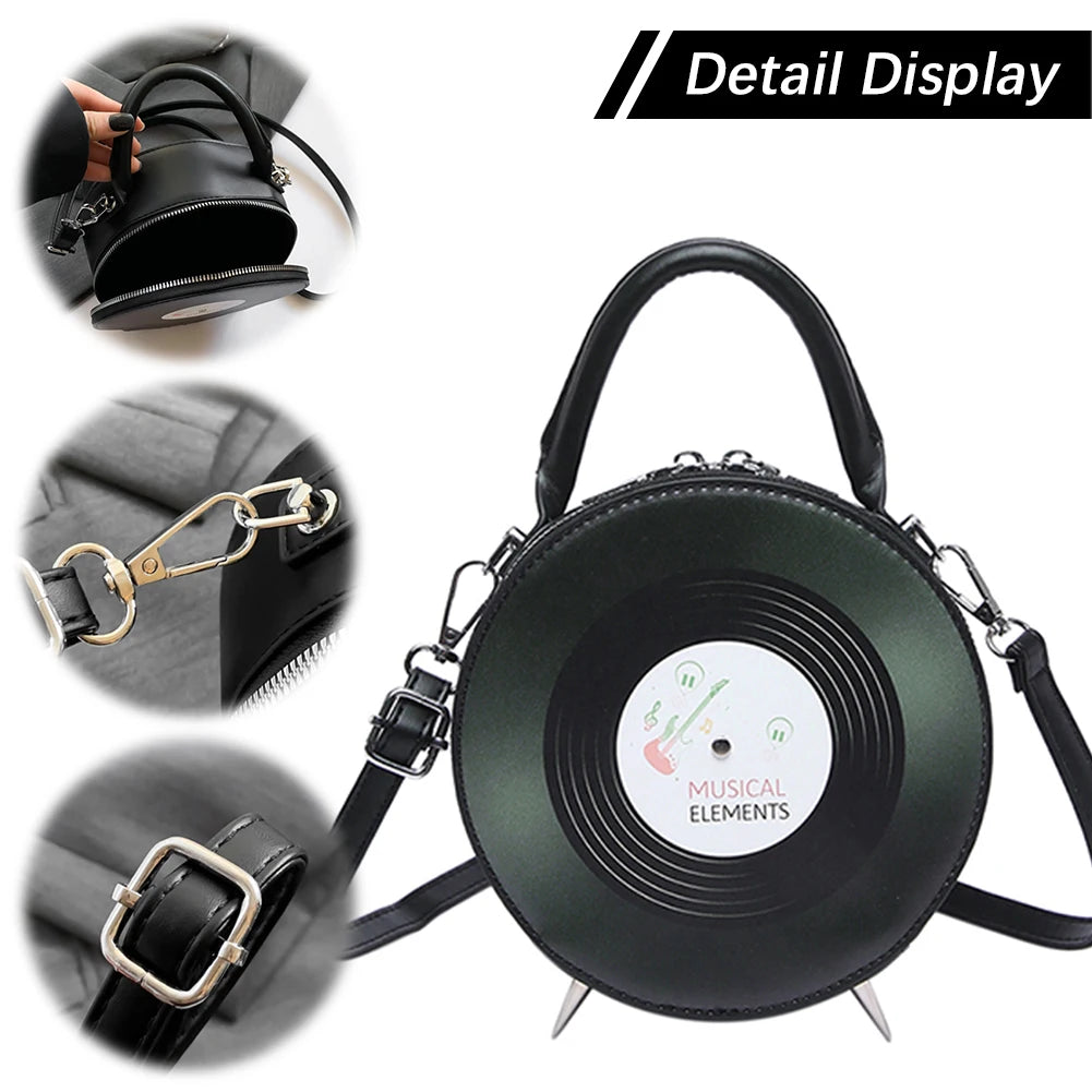 Women PU Record Shape Trendy Carrying Bag Adjustable Strap Creative Round Handbag Novelty Satchel Purse Outdoor Travel Bag