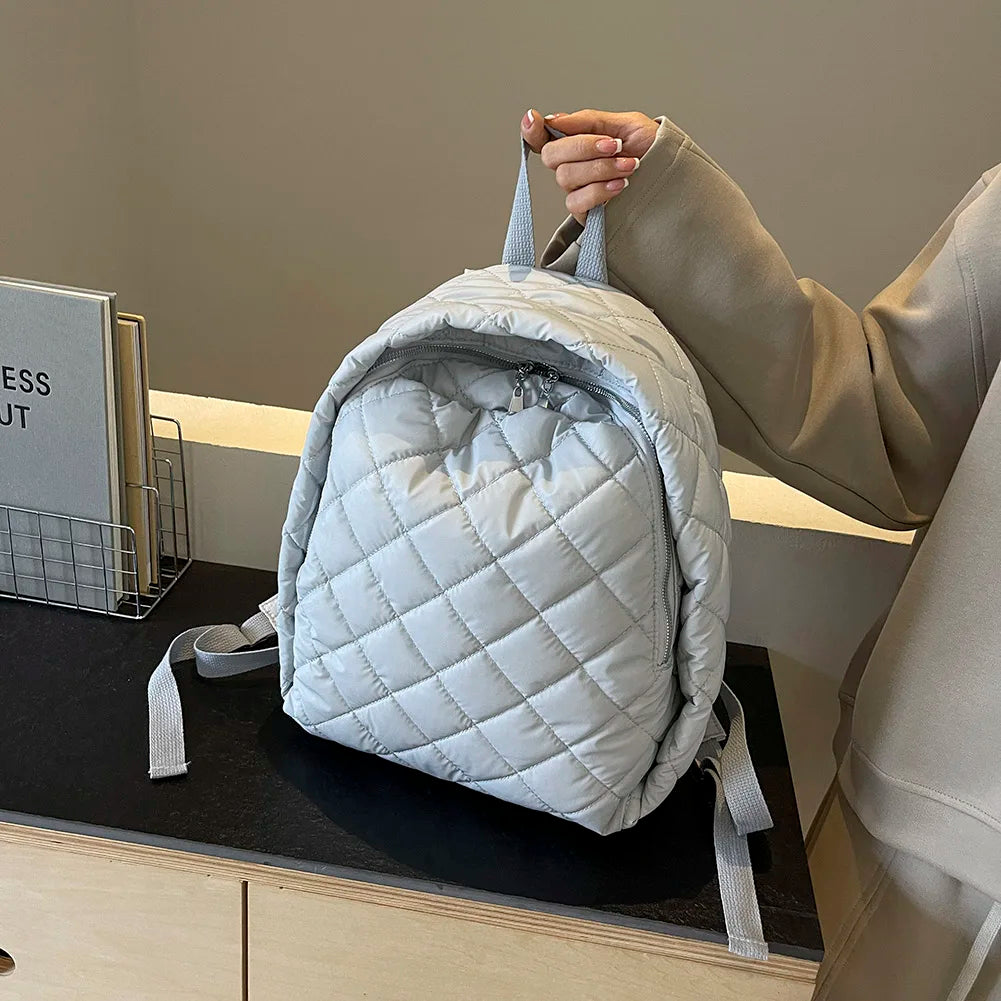 Puffer Bag for Women Men Quilted Bookbag Nylon Adjustable Strap Laptop Backpack Zipper Rucksack Travel Daypack