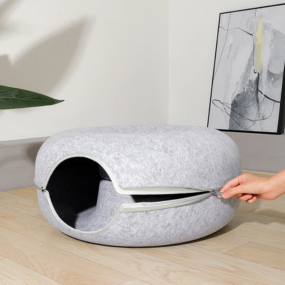 Tieker Donut Felt Cat Bed Round Tunnel Cat Interactive Bed, Small Pet Cave Bed, Indoor Pet Toy Training