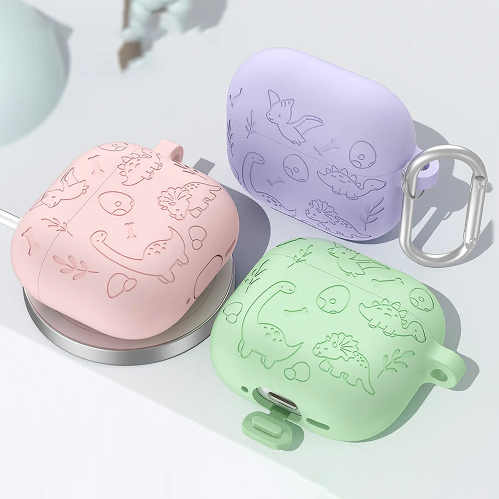 Silicone Case Protector with Carabiner Engraved Flower Dinosaur Case Soft Silicone Skin Protective Case for AirPods 4 Gen (2024)