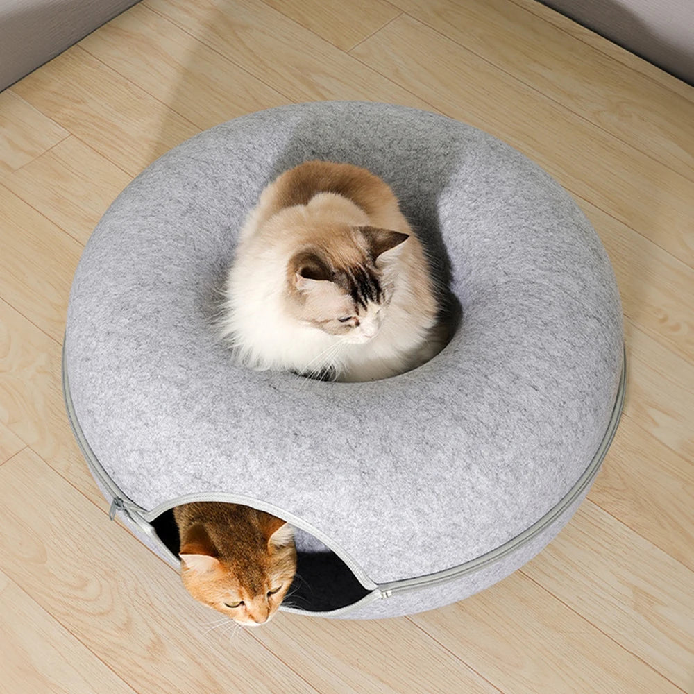 Tieker Donut Felt Cat Bed Round Tunnel Cat Interactive Bed, Small Pet Cave Bed, Indoor Pet Toy Training