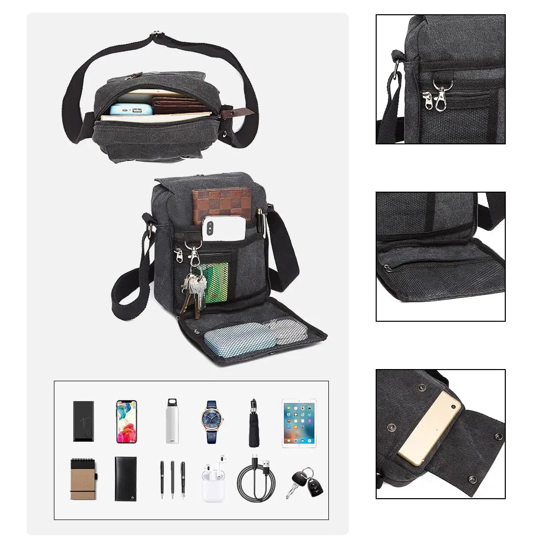 Kono Men's Canvas Messenger Bag - Small Crossbody Shoulder Satchel with Multi-Pockets for Travel & Daily Use